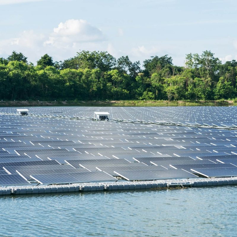 Floating solar panels providing green energy. Renewable energy.