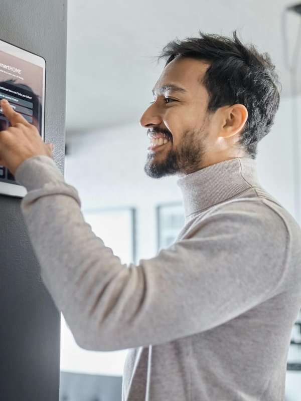 Smart home technology, wall system or man with digital dashboard screen for room lighting, safety s