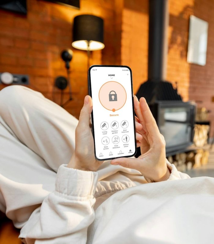 Woman using phone with running smart home security application